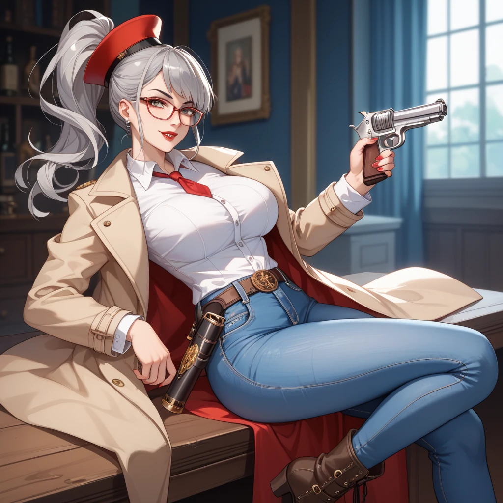 masterpiece, best quality, 1girl, ass, high heels, black footwear, belt, parted bangs, breasts, bare thighs, black thighhighs, cleavage, white hair, very long hair, single braid, grey eyes, feet, hat, collared dress, huge breasts, white labcoat, labcoat over dress, open clothes, huge breasts, legs, looking at viewer, multicolored clothes, two-tone dress, nurse cap, trigram, puffy sleeves, sitting, smile, solo, thighhighs, yagokoro_eirin, mature female, Touhou, good anatomy, <lora:yagokoro_eirin:1.0>