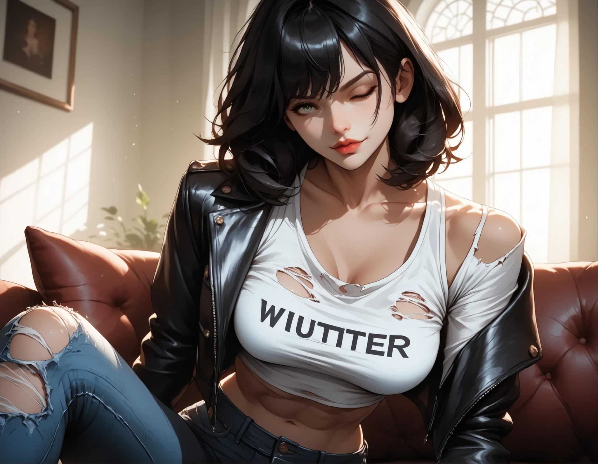 (masterpiece:1.2), (best quality:1.2), ultra detailed, 8k, watercolor, cinematic lighting, volumetric_lighting, rim light, soft shadows, ((forced_perspective)), (Diminishing scale perspective:1.3), (solo, solo_focus, upper_body) BREAK (1girl, black_hair, green_eyes, medium_hair, hair_between_eyes, long_bangs, black_lips, full_lips, medium_breasts, sitting_on_couch, smirk, wink) BREAK (varsity_jacket, crop_top,, black_shirt, word_on_shirt, ripped_jeans) BREAK (indoors, living_room, clutter, black_leather_couch), (lora:Yandere Queen:0.85), (lora:Detail Tweaker XL:0.65), (lora:Fantasy Western Anime:0.45), (lora:Dark Realism (Anime):1.0), (lora:Dramatic Chiaroscuro:1.0), (lora:Vampire Hunter D Bloodlust Style [Pony XL]:0.3)
