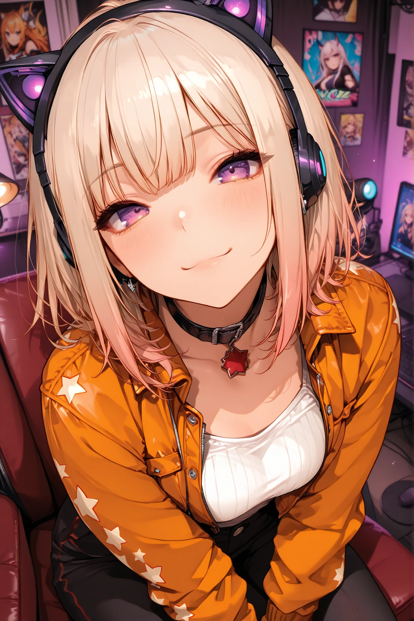 anime-style VTuber, soft platinum blonde hair with pale yellow gradient, smooth and flowing texture, subtle highlights, slightly messy strands, pink inner ears, soft fur texture, slight tilt of head, vivid purple eyes with small sparkles, slightly playful and mischievous smile, friendly yet cheeky expression, black and orange jacket with star-shaped patterns, white top, red and black pants, plastic and metallic headphones with LED lights, black leather collar, cozy streaming room, gaming setup with PC, microphone, LED lights, posters on the wall, warm and inviting atmosphere, "ZZZ" text on jacket, red star-shaped symbol, vibrant colors, stylized character design, fantasy anime aesthetic, 最高品質, 高解像度