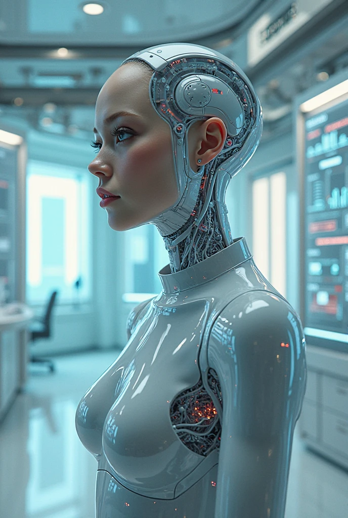 complex 3d render ultra detailed of a beautiful porcelain profile woman android face, cyborg, robotic parts, 150 mm, beautiful studio soft light, rim light, vibrant details, luxurious cyberpunk, lace, hyperrealistic, anatomical, facial muscles, cable electric wires, microchip, elegant, beautiful background, octane render, H. R. Giger style, 8k, best quality, masterpiece, illustration, an extremely delicate and beautiful, extremely detailed ,CG ,unity ,wallpaper, (realistic, photo-realistic:1.37),Amazing, finely detail, masterpiece,best quality,official art, extremely detailed CG unity 8k wallpaper, absurdres, incredibly absurdres, robot, silver halmet, full body, sitting
