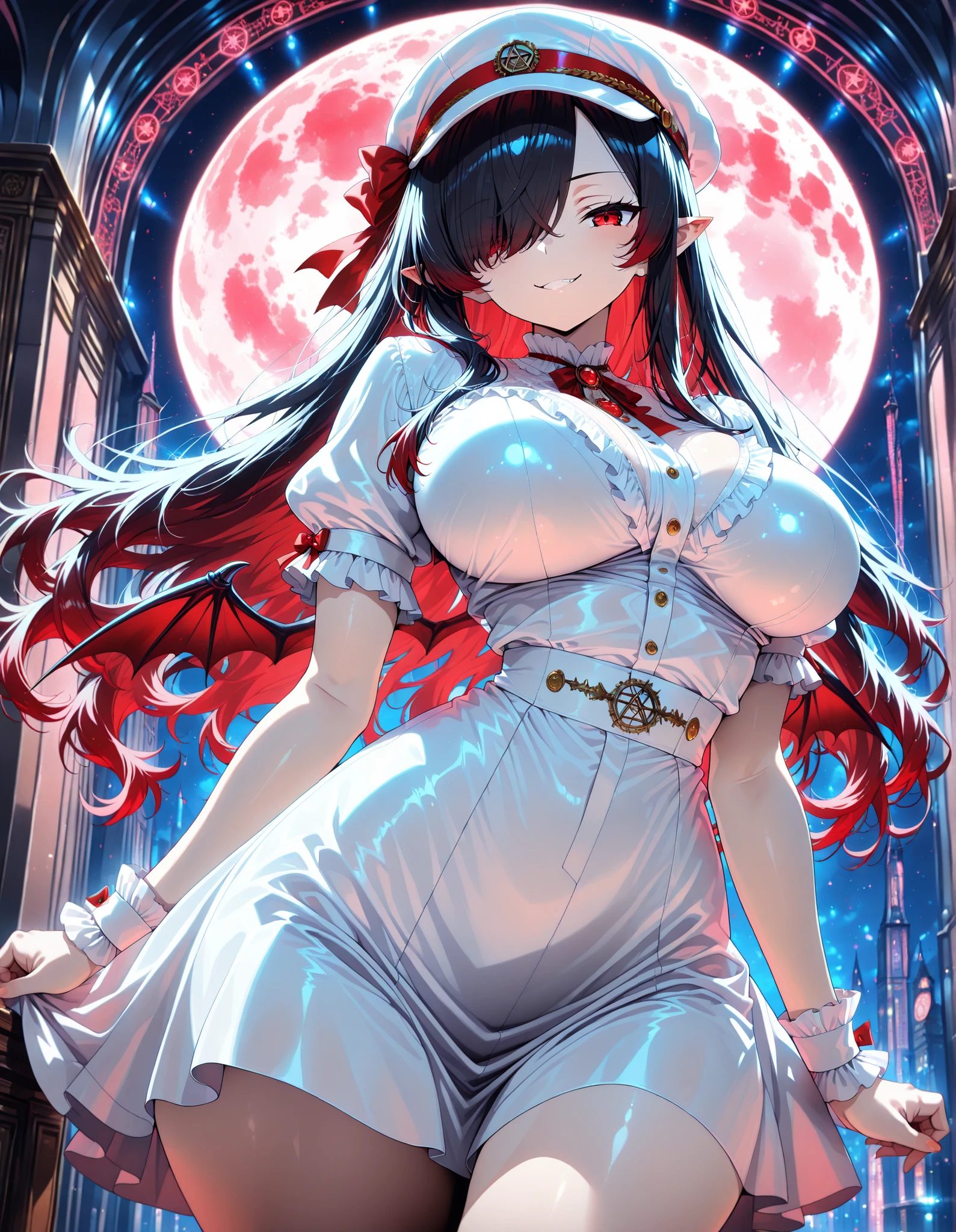 1 girl, Kuroki Monika, red eyes, gradient hair, black hair, red hair, long hair, asymmetrical hairline, hair over right eye, ((large breasts)), (petite but curvy), very cute, lovely, bat wings, wings, hat, hat ribbon, short sleeves, wrist cuffs, puffy short sleeves, red ribbon, frilled shirt, white skirt, frilled, white shirt, frilled sleeves, pointy ears, white headwear,masterpiece, best quality,ultra detailed,(lady:1.3),(confident expression:1.3),Vampire girl with fine silver indigo hair. A holographic clock tower. A glowing hexagram in the sky. Lightning. A world with an original and fantastical atmosphere,red moon,beautiful composition, cinematic lighting, extremely detailed, 8k, cinematic postprocessing, ((4k,8k,Ultra HD)),((Masterpiece :1.2)),((Best quality :1.2)),((Detailed :1.5)),((Detailed background :1.5))
