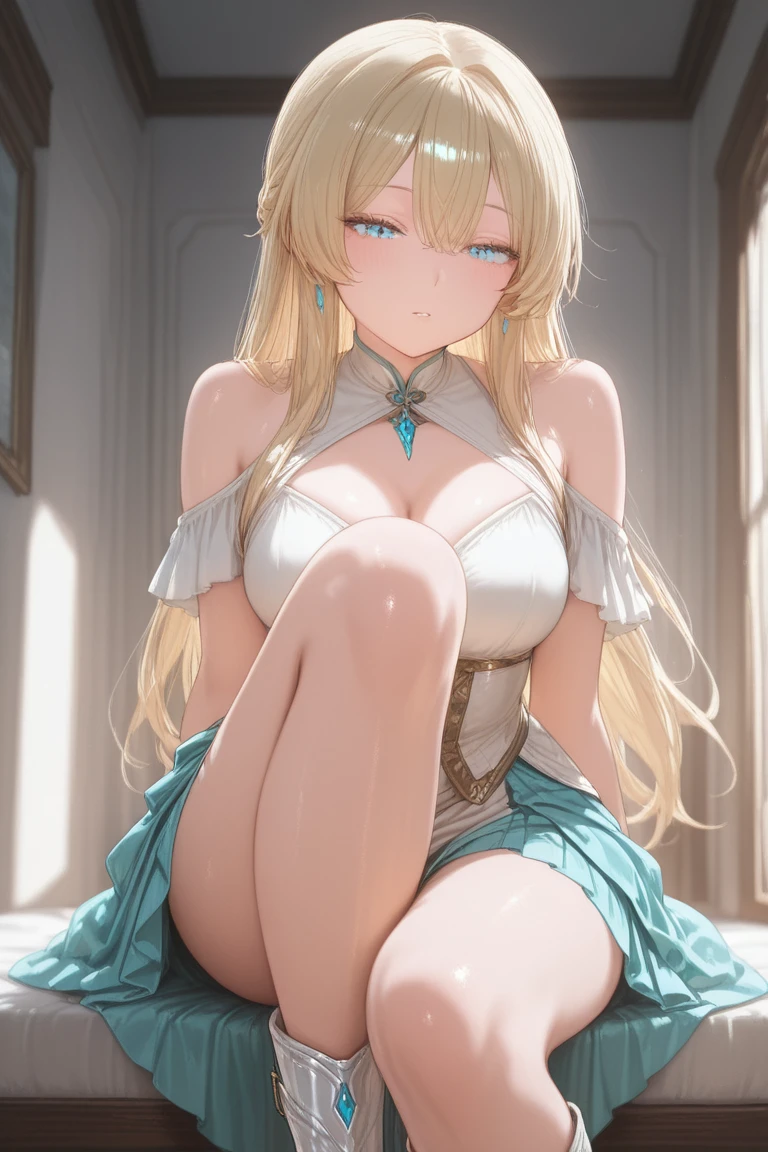 ((highest quality、High resolution))、Portrait、unparalleled beauty、perfect body、beautiful ample breasts、Long blonde、bangs、embellished sexy dress、skirt、a sexually excited look、spread your legs wide、((POV、straddling、having sex))