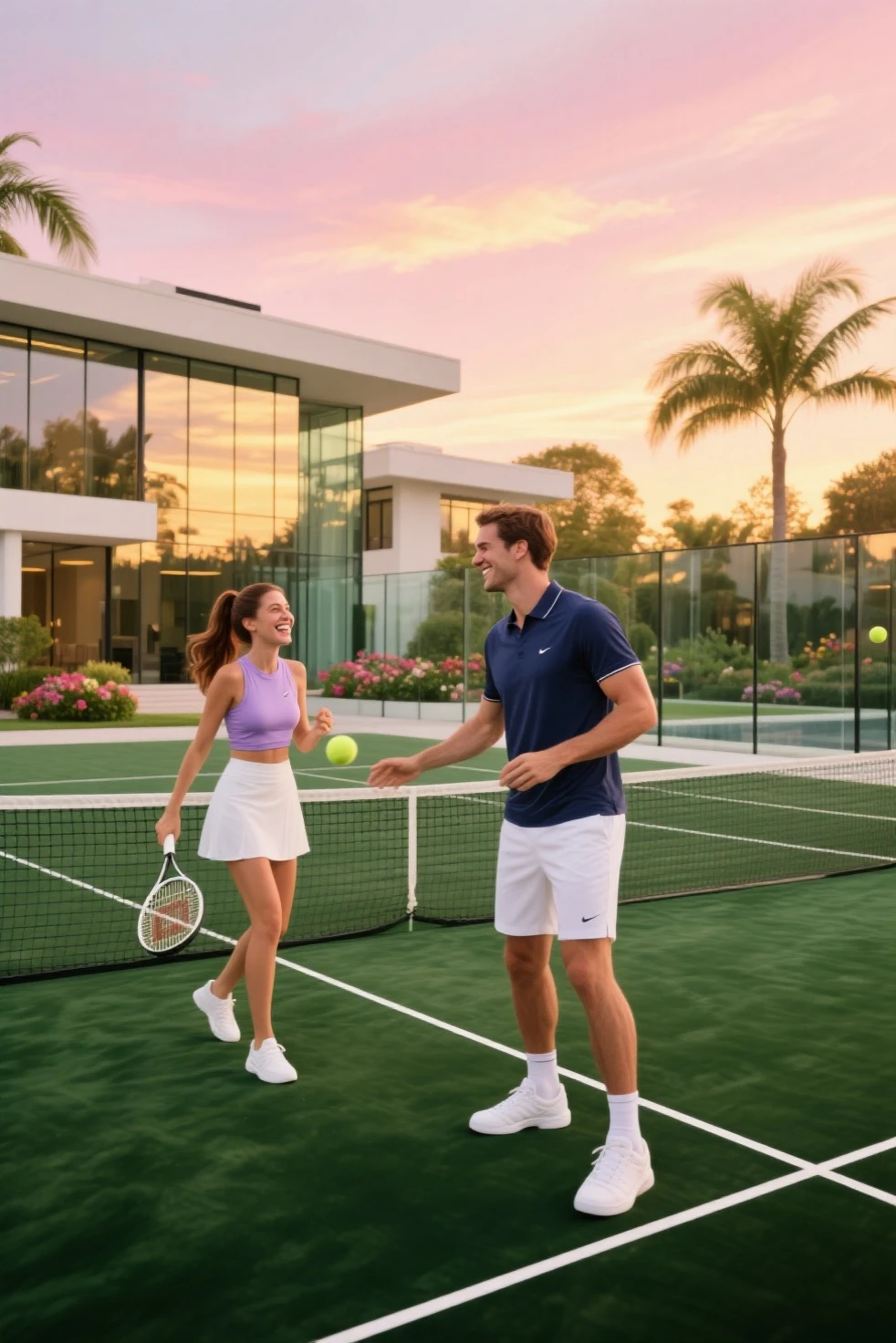 they are two people standing together with tennis rackets in their hands, lifestyle, having a good time, smiling couple, happy couple, sun is shining, having a great time, beautiful sunny day, having fun, portrait shot, wearing golf shorts, sunny atmosphere, the sun is shining, promo image, sunny afternoon, everyone having fun, sunny day, flirting smiling, A beautiful italian woman and a handsome man. Both 30 years old. European people. Without beard. Laughing and celebrating at a tennis match. strong sun in the late afternoon. Wearing white clothes. Wearing a tennis cap. Holding a tennis racket. Professional photography. Super-resolution, 8k, Artwork, Masterpiece, Extremely detailed, F22, Photo taken with camera using F22 lens, RAW photo, natural skin, 8k uhd, high quality, film grain, Fujifilm XT3