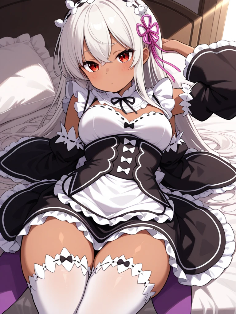 Best Quality, (Masterpiece:1.2), High Detailed, Cat Ears, 1girl, solo, tojo koneko, red eyes, white hair, short hair, hair decoration, cleavage, black neckband, erotica, sleeveless, full body, healthy skin