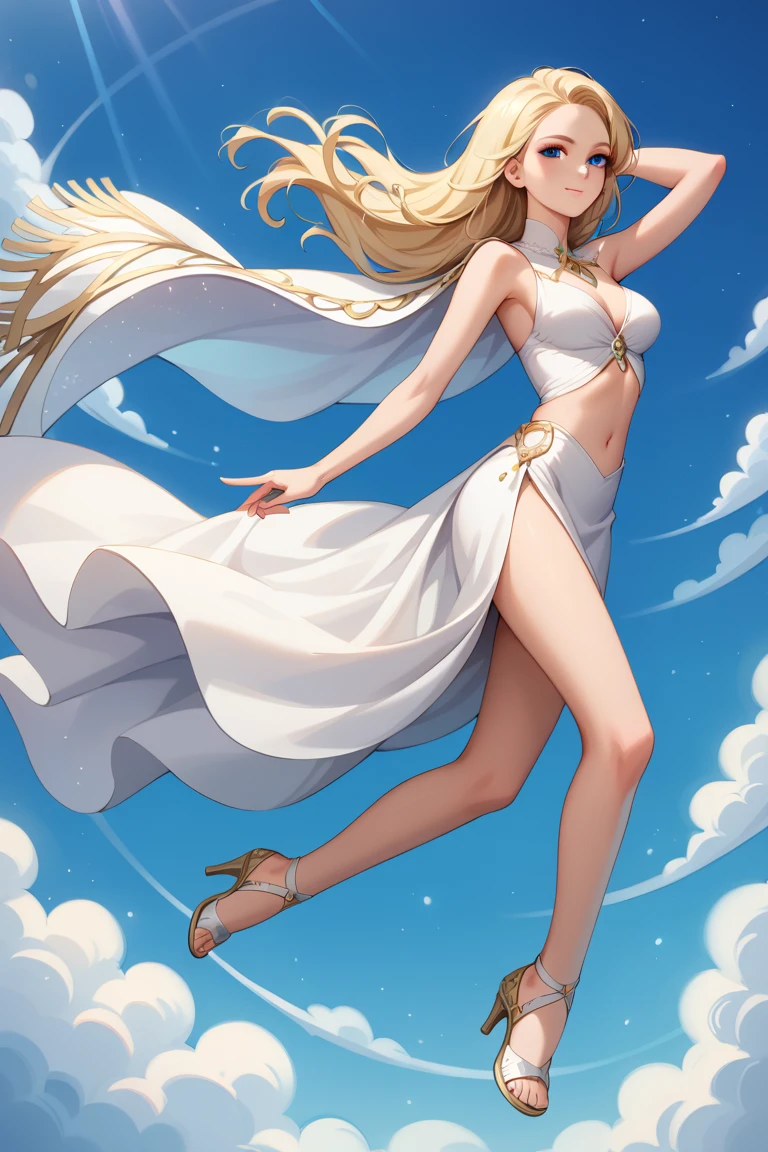 ((masterpiece)), ((best quality)), (ultra-detailed), ((kawaii)), cute, (lovely), ((sexy)), (ero), ((extremely detailed)), 4K, (8K), best quality, (beautiful), anime style, dynamic angle, in the middle, look up from below, colorful, full body focus, green meadow, morning, sunrise, summer, a cute girl, 1girl, solo, white dress, beautiful gold hair, beautiful purple eyes, ((beautiful eyes)), white-skinned, long hair, large breast, light smile, sparkling effect, glitter effect, lens flare, wind effect, reflection effect