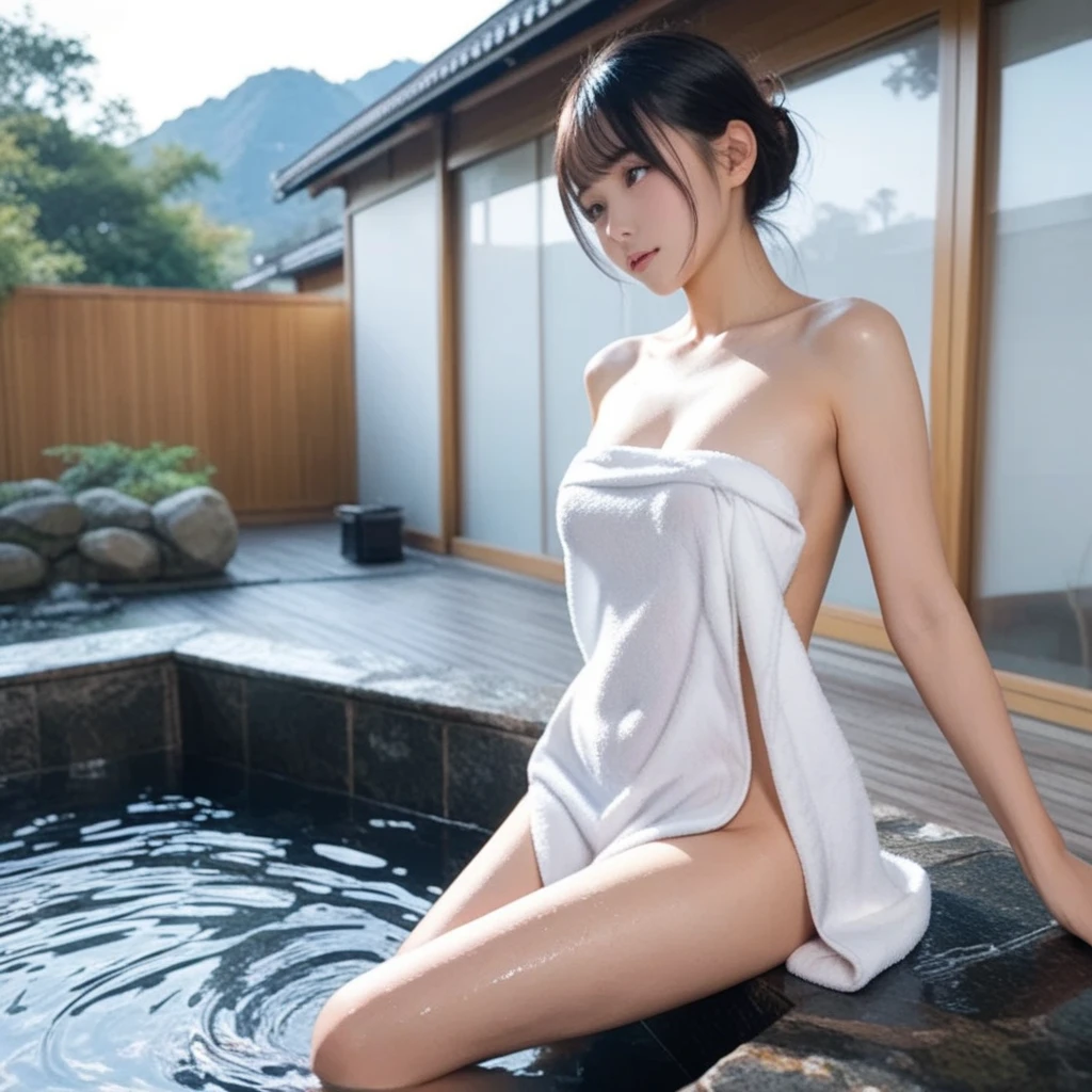 masterpiece、8K、32K、top-quality、(A cute Japanese woman:1.3)、detail portrayal、1 girl in、elegent、23years old、(Naked towel:1.2)、(hot onsen:1.3)、细致背景、cowboy shot、Shy、(steam、It's wet:1.3)、Looking back、(Stick your ass out、Forward leaning position:1.3)