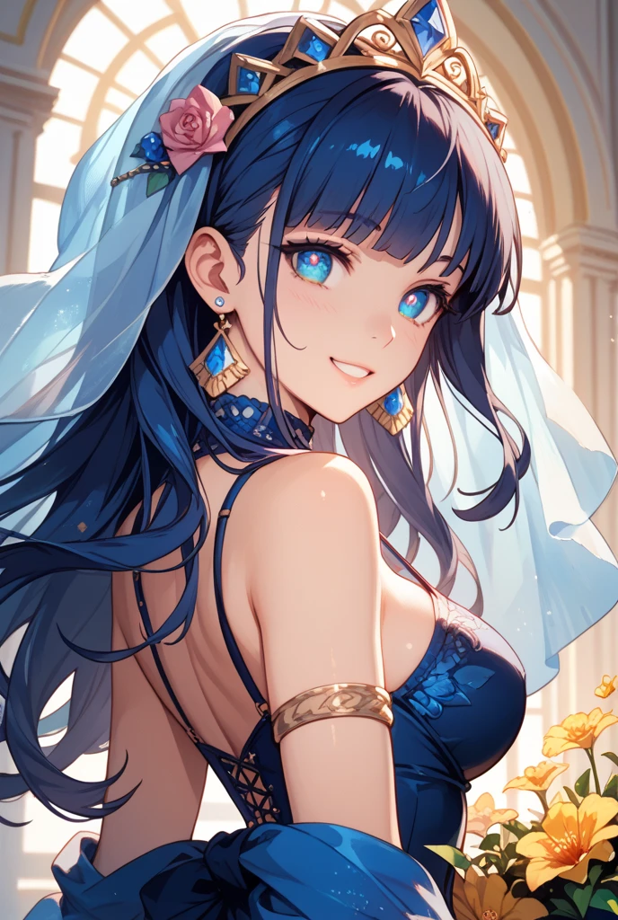 Highest quality、Highest quality、masterpiece、(8k resolution),beauty(Age 25)、(Mature Appearance)、Long Hair(Braiding of the sides)、blue eyes、(Underwear with intricate embroidery、bra)、Big cleavage、((Super big breasts))、smile、blue necklace、Blue Earrings、background(flower)、Please open your mouth wide、Dynamic pose、Blue choker、