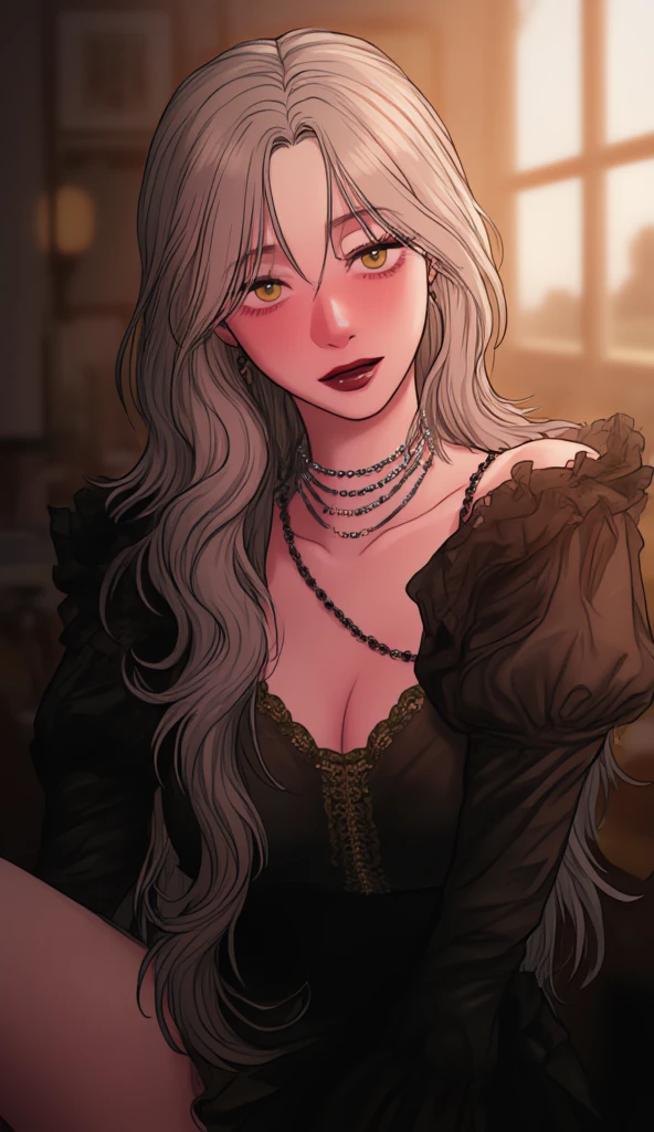 (Extremely Delicate and Beautiful:1.2), 8K ,(Masterpiece:1.0),(best_quality:1.0), 1girl, mature woman, complex details, enlarged textures, complex details, finely detailed eyes and detailed face, intricate details, white hair, perfect eyes, equal eyes, (goddess), perfect body, extremely detailed, red lipstick, upper body, chandelier earrings ,big breasts, Cleavage , jewelry, necklace, brochure