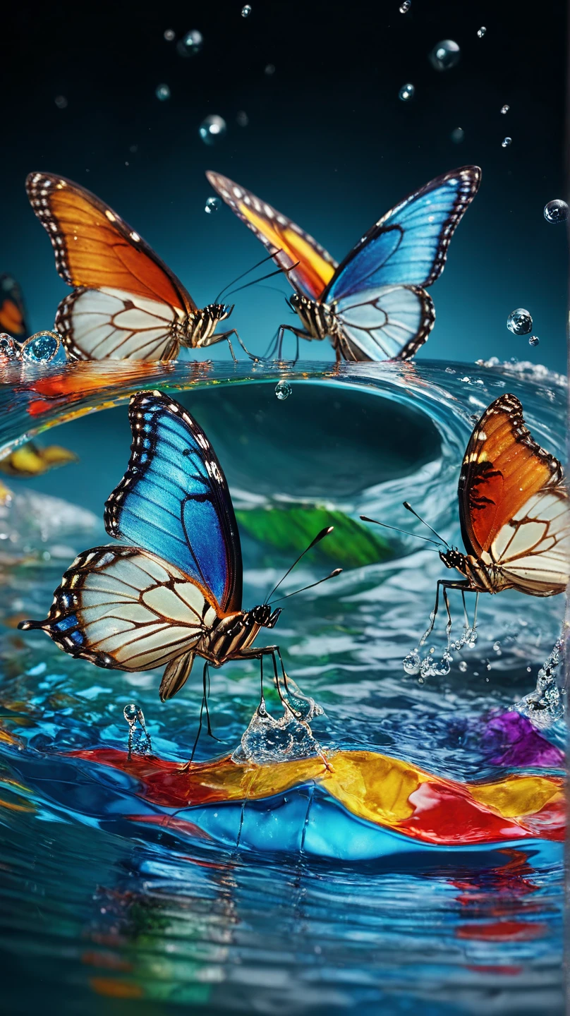 high quality, highly detailed, 8K Ultra HD, orange butterfly made of water spray, In this enchanting artwork, the very essence of water transforms into ethereal butterflies, each droplet gracefully adorning the wings of a butterfly in flight, The translucence of the water captures the delicate beauty of the butterfly, intricate patterns, aquatic butterflies, enchantment, their ephemeral forms suspended in time, the play of light on their wings adds a touch of magic, turning ordinary droplets into a symphony of aquatic butterflies, dancing in the realm where water meets whimsical flight, by yukisakura, awesome full color