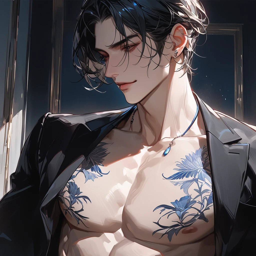 a muscular handsome man, large breast, detailed face, perfect facial features, smooth skin, sexy expression, blue hair, short hairstyle, looking at the viewers romantically, sexy gaze, large bare chest, sapphire blue velvet jacket, shirtless, black pants, tattooed chest,