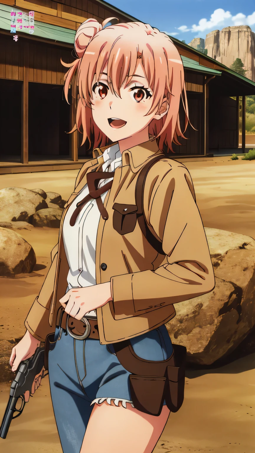 {{{masterpiece}}}, (best quality:1.5), (ultra-detailed:1.5), {illustration}, {{an extremely delicate and beautiful}}, (beautiful detailed eyes:1.6), absurdres, highres, extremely detailed face, 16k, hd, visual anime de uma jovem mulher, extremamente bonito rosto de anime, anime melhor garota, (perfect hands, perfect anatomy), anime face, Yuigahama Yui (Oregairu), aayui, 1girl, solo, cute face, (short hair:1.2), (single side bun:1.5), hair between eyes, pink hair, big eyes, (red eyes:1.4), big breasts, big hips, curvaceous, BREAK, western, (cowgirl outfit:1.5), brown costume, brown jacket, open jacket, made of leather, (cowboy hat:1.3), fringe trim, holster, holstered weapon, (revolver:1.2), have a gun, open mouth, smiling, outdoor, daytime, (wilderness:1.2), cactus, rock