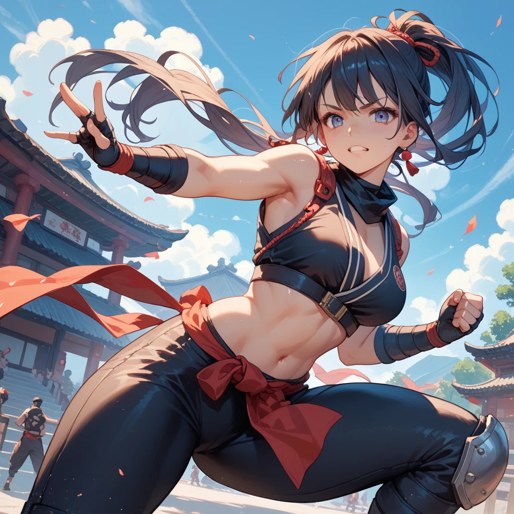 beautiful muscular woman and doing a jumping kick, six pack, long twin tails ,women in background , Chinese dress crop top, and leggings and thigh high boots, full body portrait from behind