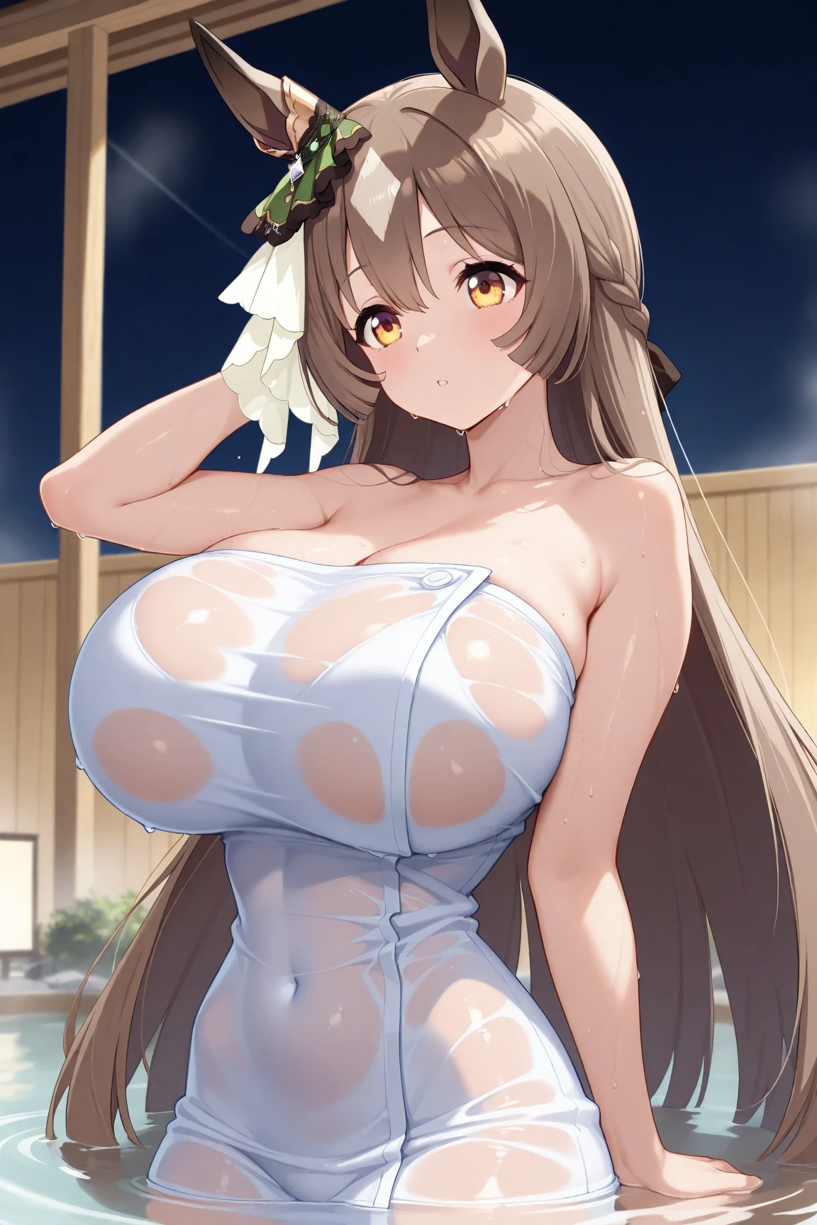 Nagino Sakura, brown eyes, brown hair, hair band, medium length hair, empty eyes , Running, wearing nothing, big anime eyes, , shiny hair, bare-skin, navel, the groin, BREAK in front of convenience store, large breasts、 Nipples, nsfw, nipple , wet, Flooding. sea. solo