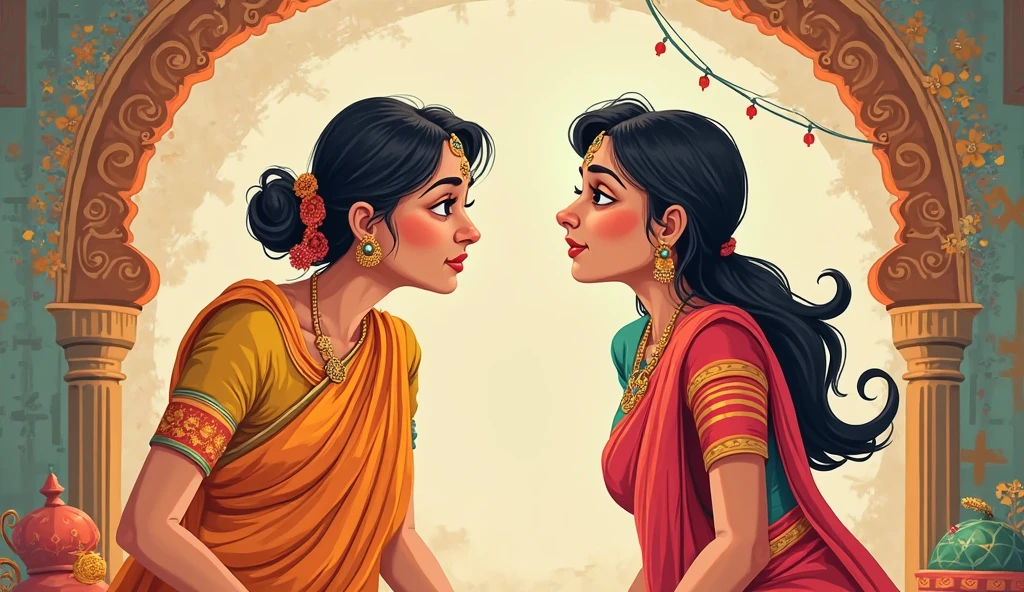 Two women one in red saree and matching small sleeve blouse and another woman in blue saree and small sleeve blouse verbal fight with anger and jealousy visible in face