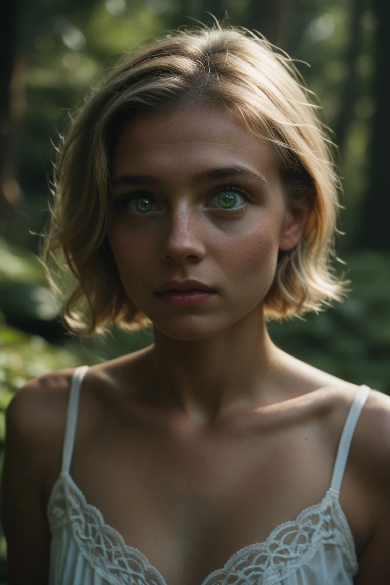 cute woman under drizzling rain, (elegant, beautiful face), transparent white dress, forest moss, (freckles:0.8), flowers feld, , curly red hair, magical atmosphere, (short hair), ((detailed skin, skin texture)), ultradetailed, (intricately detailed, fine details, hyperdetailed), raytracing, subsurface scattering, (fantasy underworld on background), diffused soft lighting, shallow depth of field, by (Oliver Wetter), sharp focus bokeh, (realistic photo quality:1.4)
