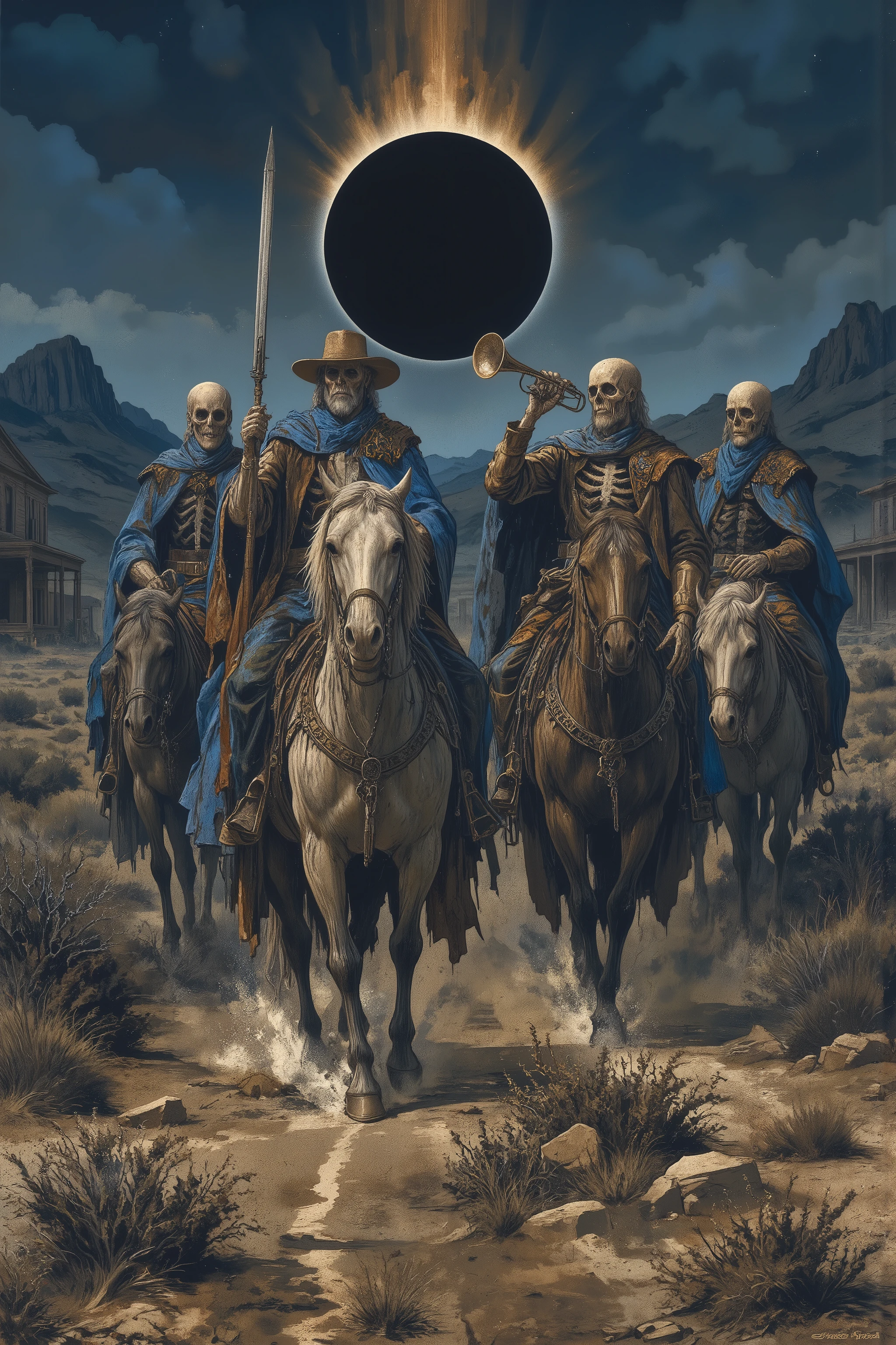 dynamic bluezy image,Four Horsemen of the Apocalypse,4 skeletons wearing cowboy costume,beard,Powerful pose,(Neighing Horse),
(4 Human skeleton riding 4 creepy horse),(holding pistol),2nd skeleton Playing the Trumpet,Wild horse,horse is crushing,A lonely road in the wilderness,in american south,dusty Southern town,at night,(lunar eclipse),big black moon,doom,ominous,anatomical correct,cimematic scene,dynamic pose,dynamic angle,mixed western movie and cowboy movie and horror movie,icon,oil painting,dark atmosphere,renaissance style painting,mmno