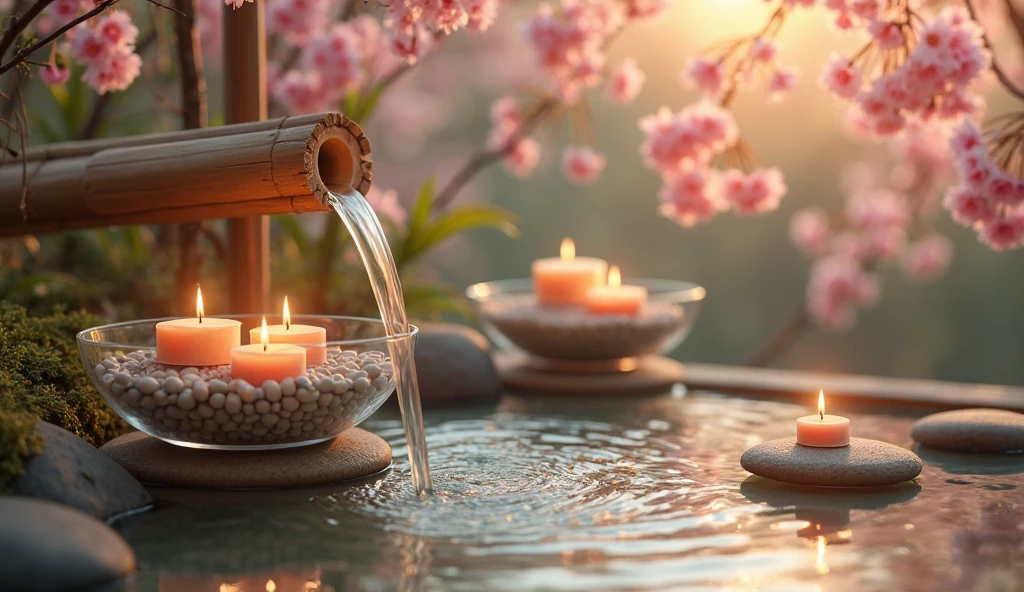 Tranquil spa scene with flowing bamboo water spout, pink cherry ...
