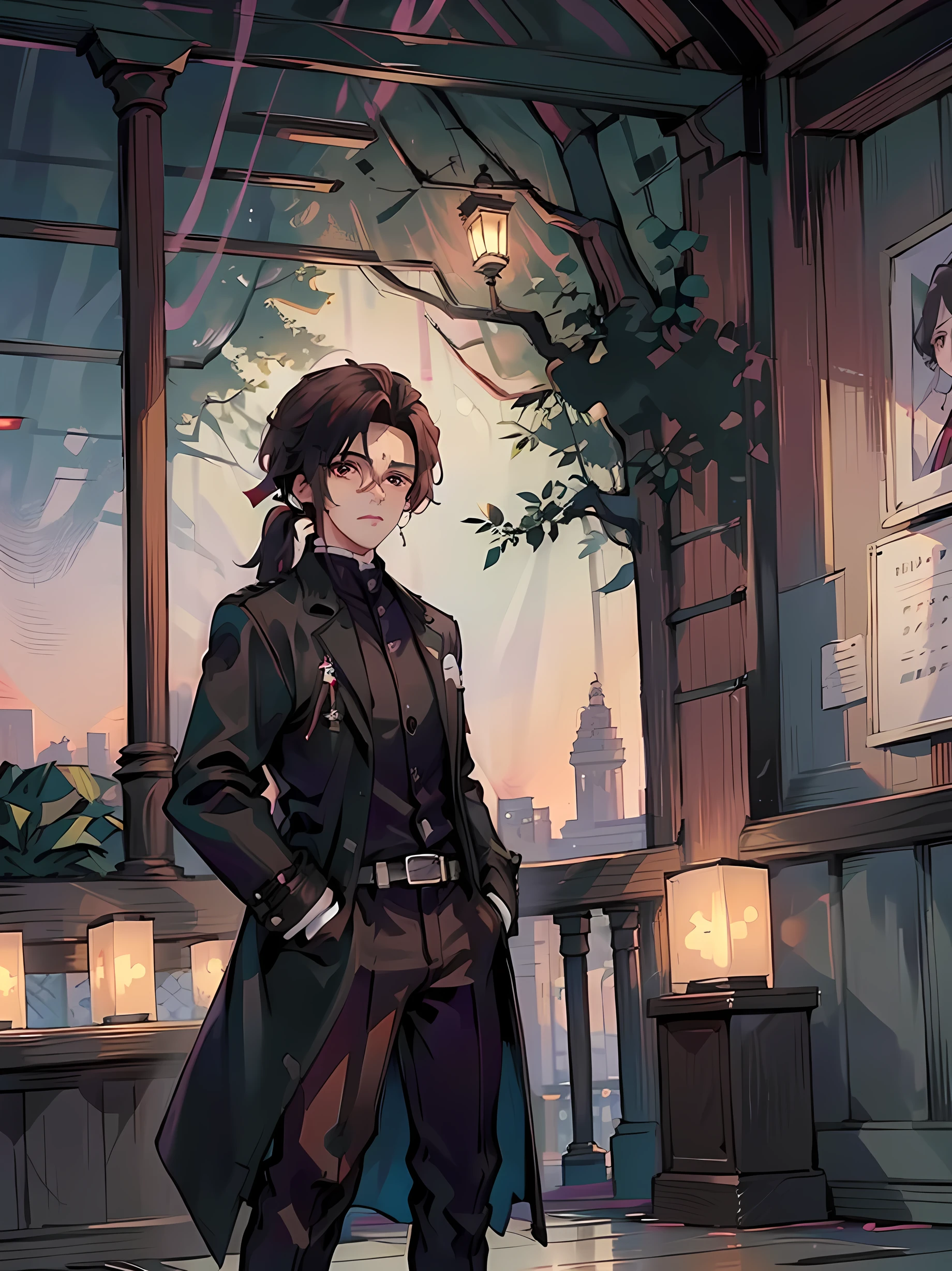 male, man looking, {{char}} looking at viewer, tall, handsome, good looking, manly face, heretochormia, ,one golden eye, one dark purple eye, scar in his lips, scar in his right eyebrow, black hair with green locks, Ponytail hair, slightly muscular, us ww2 dark black vintage military overcoat, white shirt, cargo pants techwear, black combat boots, nautral look, alone, standing arms in his back, guard position, (masterpiece), (best quality), (ultra detailed), hands in pockets, close up, head held high, serious look, solo