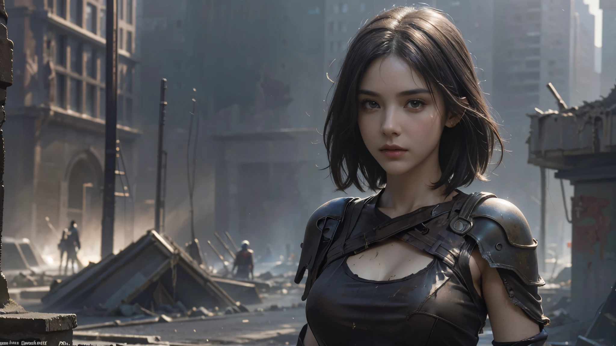 masterpiece, high resolution, 8,000,( Portrait Photos:1.5),(R original photo),Reality,Digital photography,(Ruins of the Apocalypse , apocalyptic wasteland ,desert ),City ruins,Dirty Girl,sentry, post-apocalyptic scene ,( upper body photography :1.howing her navel), Worn Clothes,looking into the camera,(big breasts), short hair,由Greg Rutkowski、 conceptual art by John William Waterhouse, intricate details, 8K production, high resolution , super detailed, are very popular on Artstation , Clear Focus , depth of field/1.8,