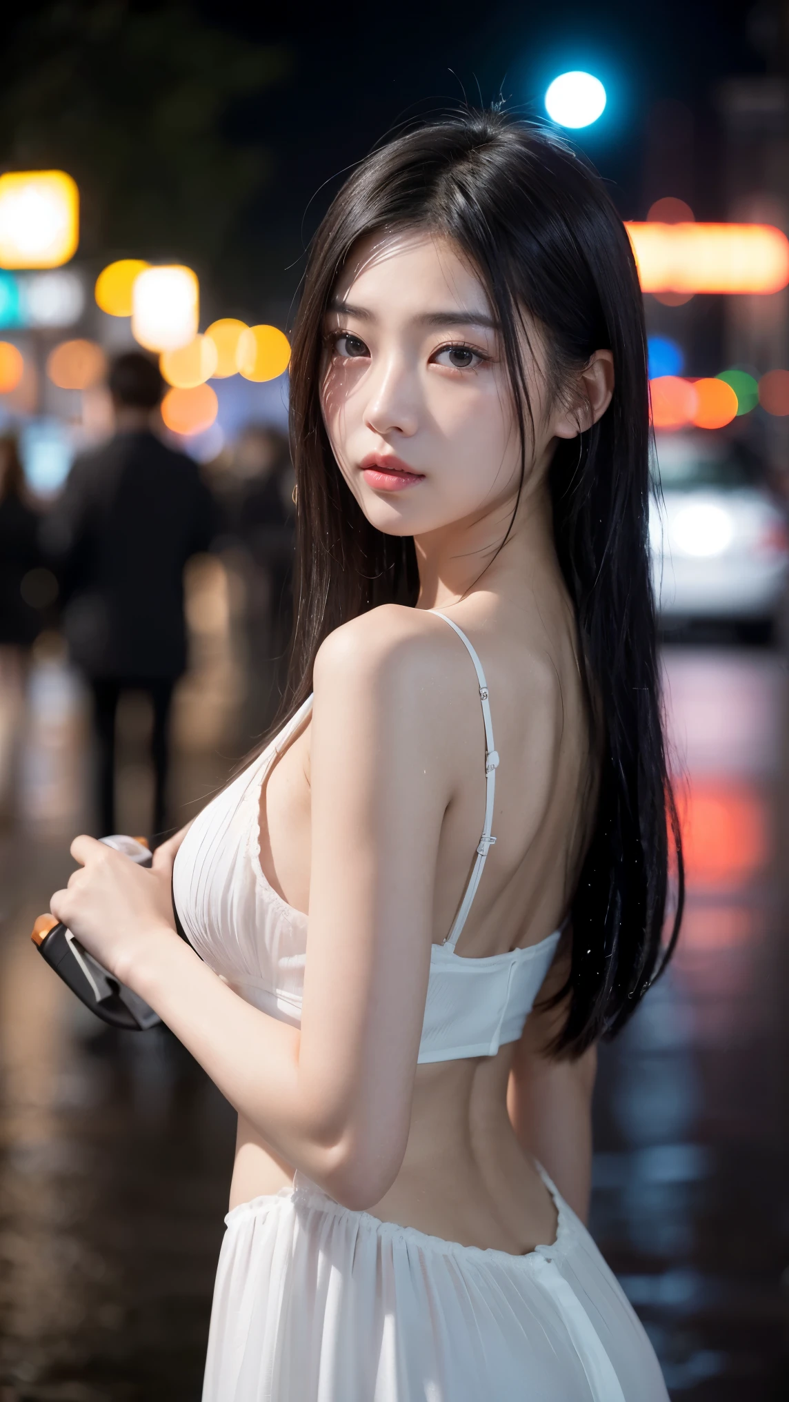 1人of女of子,alone,Long Hair,Rough skin,From the back,Face Focus,(View your viewers:1.2),Wet Hair,dark,Polaroid,(depth_of_Field:1.5),雨of日,Outdoor,street,目of間of毛,Moody lighting,Tyndall effect,Cinema Lighting,night,lamp post,Lens flare,Available Light,Rim Light,Shining neon lights,Curvy,赤いシルクofドレス,韓国of女of子,