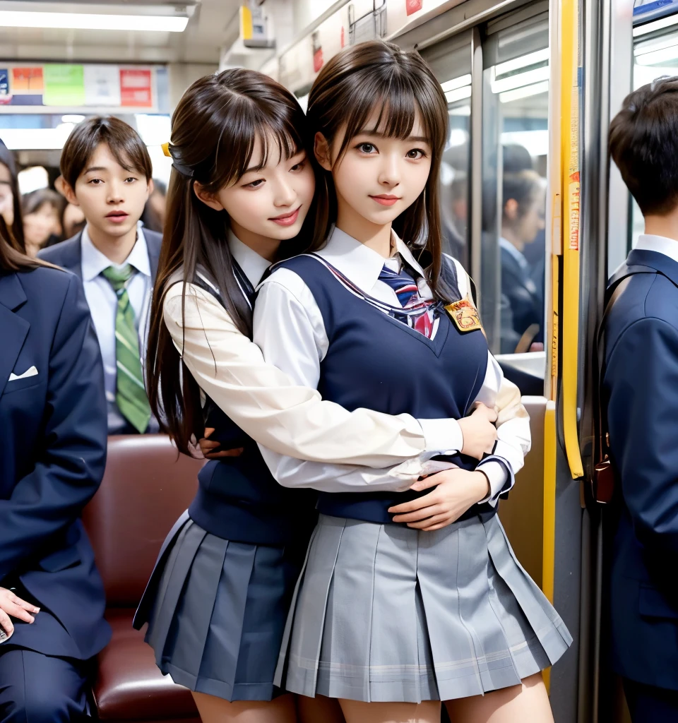 Two cute high school girls、( high school girl in uniform)、full body photo撮影、(Get on a crowded train、(Crowded car interior))、(Bian、homosexuality)、(hugging:1.4、hugs you from behind:1.4)、full body photo、in High School Uniforms、(Perfect Anatomy、 charming)