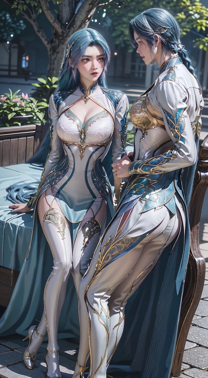 Masters of Animation, A perfect masterpiece, On a snow-white background、Cool outfits, Sexy and modern clothing、Sexy mature modern woman standing, Flowing silver hair, Twin tails，Full Body Stand Posture, Thin legs, Large Breasts, Detailed facial details, Natural and beautiful standing posture, Crisp and realistic body detail,(Browsing Caution:0.9)