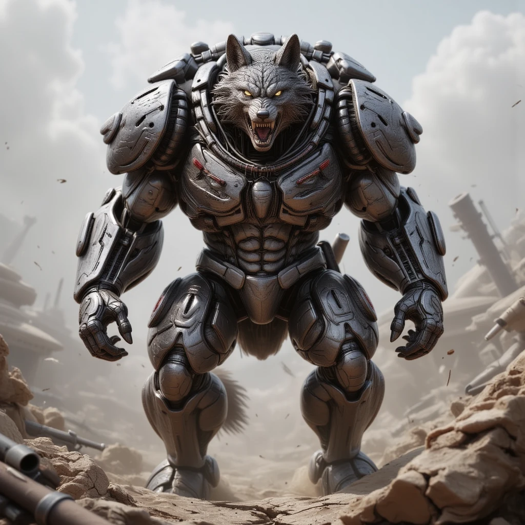 Anthropomorphic [wolf],A robotic gunslinger with the head of a wolf.battle