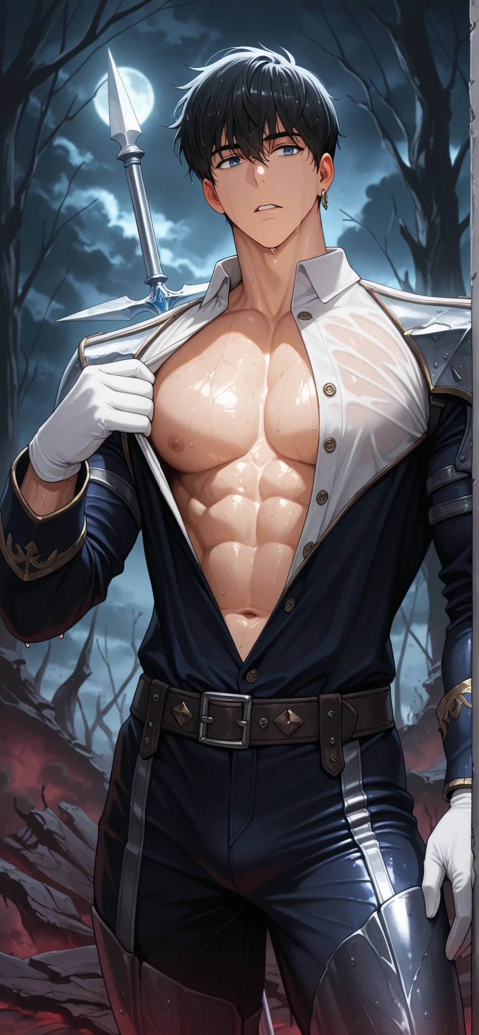 4k, anime illustration, [[mature]] male draph, ((cowboy shot)), muscular devil (man), flat pecs, [big arms], big hard penis, (black spiky hair), (glaring silver eyes:1.2), elegant, erotic, oozing sexual energy, homoerotic, sharp focus, soft lighting, vibrant colors, (masterpiece), (detailed face), ((detailed eyes)), symmetric face, symmetric eyes, evil smile, Reinhardtzar, highly detailed penis, (big balls), silky penis, big fresh testicles, standing, Sexual arousal,