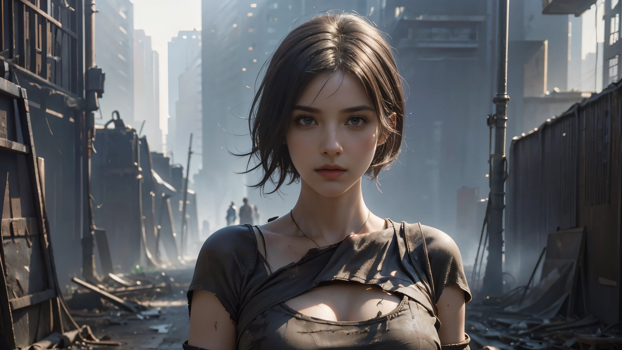masterpiece, high resolution, 8,000,( Portrait Photos:1.5),(R original photo),Reality,Digital photography,Ruins of the Apocalypse , apocalyptic wasteland ,(desert ruins ),City ruins,Dirty Girl,sentry, post-apocalyptic scene ,( upper body photography :1.howing her navel), Worn Clothes,looking into the camera,(big breasts), short hair,由Greg Rutkowski、 conceptual art by John William Waterhouse, intricate details, 8K production, high resolution , super detailed, are very popular on Artstation , Clear Focus , depth of field/1.8,