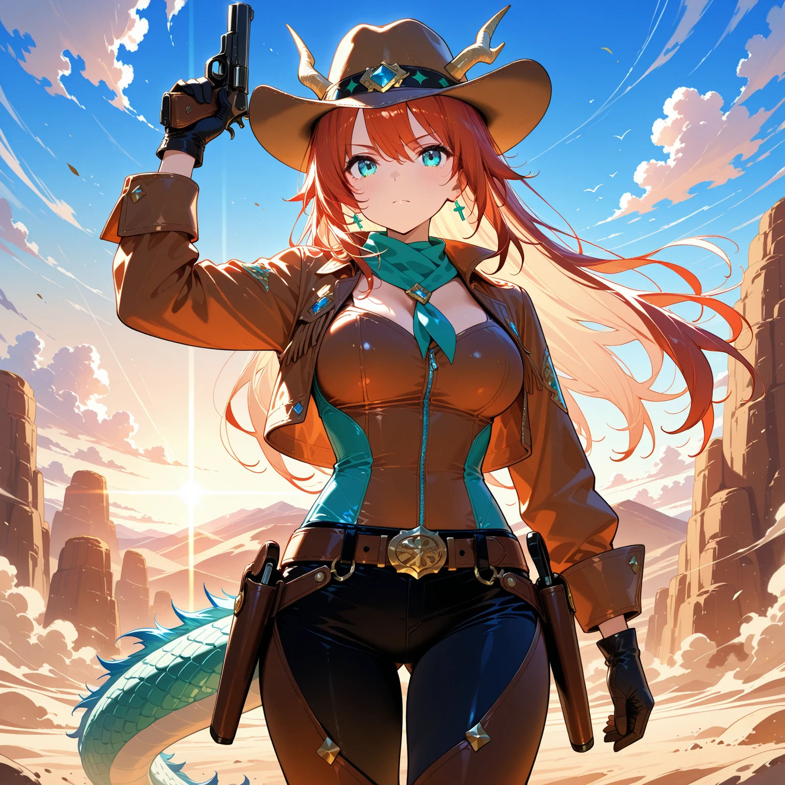 ((masterpiece)), ((best quality)), (ultra-detailed), ((cinematic light)), ((extremely detailed)), (8K), 1girl, 20 years old, (cowboy style), long ginger hair, cowboy hat, cowboy shirt, (huge breasts), cleavage, navel, (tiny denim short shorts), curvy, upper body, (fingerless gloves), ((background: desert with cactus))