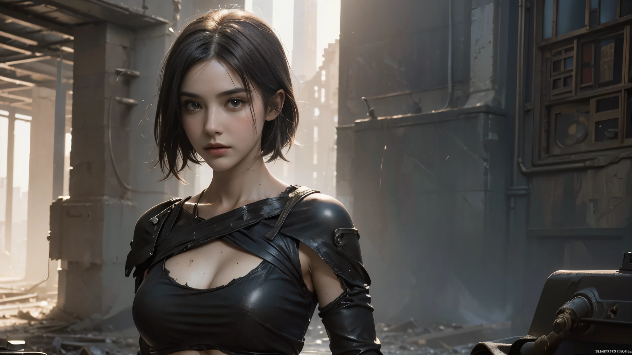 masterpiece, high resolution, 8,000,( Portrait Photos:1.5),(R original photo),Reality,Digital photography,Ruins of the Apocalypse , apocalyptic wasteland ,(desert ruins ),City ruins,Dirty Girl,sentry, post-apocalyptic scene ,( upper body photography :1.howing her navel), Worn Clothes,looking into the camera,(big breasts), short hair,由Greg Rutkowski、 conceptual art by John William Waterhouse, intricate details, 8K production, high resolution , super detailed, are very popular on Artstation , Clear Focus , depth of field/1.8,