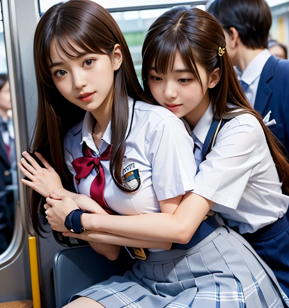 Two cute high school girls、( high school girl in uniform)、full body photo撮影、(Get on a crowded train、(Crowded car interior))、(Bian、homosexuality)、(hugging:1.4、hugs you from behind:1.4)、 expression of joy 、Ecstasy、full body photo、in High School Uniforms、(Perfect Anatomy、 charming)
