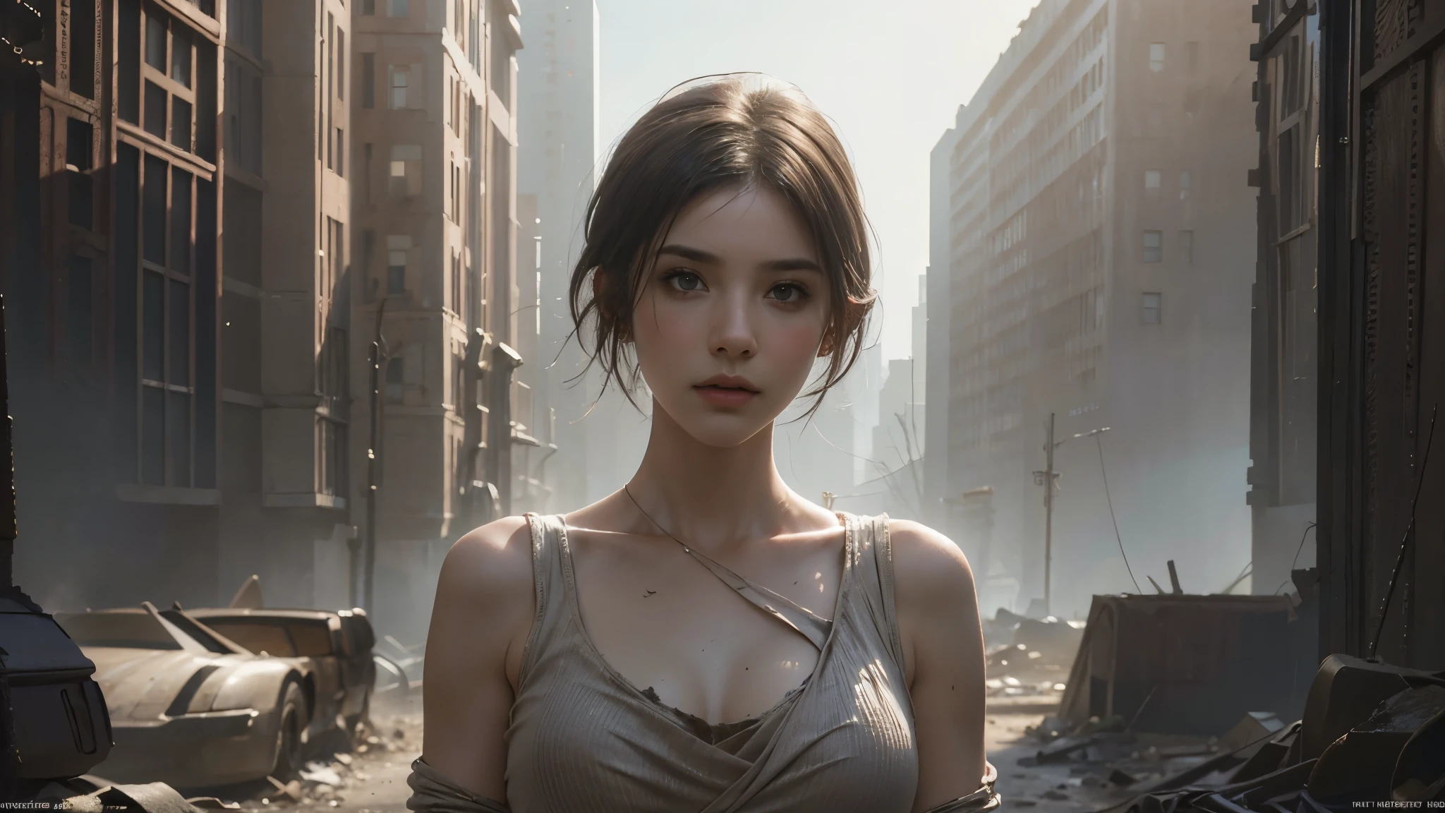  masterpiece, high resolution, 8,000,( Portrait Photos:1.5),(R original photo),Reality,Digital photography,Ruins of the Apocalypse ， apocalyptic wasteland ，（desert ruins ),City ruins，Dirty Girl，sentry，  post-apocalyptic scene ，（ upper body photography ：1.howing her navel）， Worn Clothes，looking into the camera，（big breasts）， short hair，由Greg Rutkowski、 conceptual art by John William Waterhouse, intricate details, 8K production, high resolution , super detailed, are very popular on Artstation , Clear Focus , depth of field/1.8,