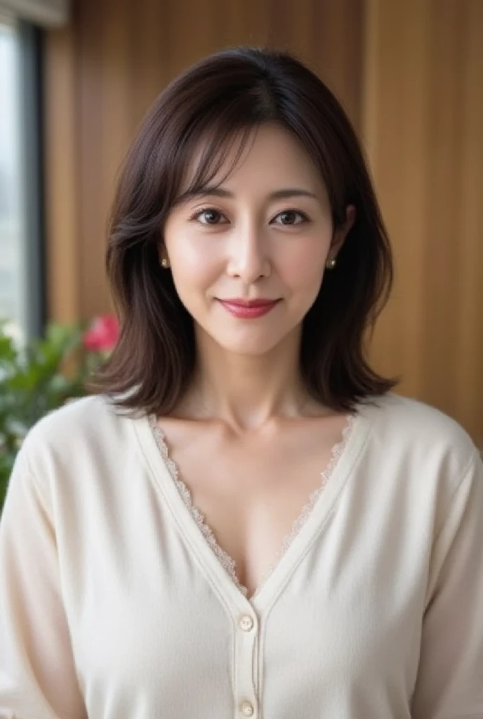 Wearing a beige top Photograph the whole body from head to toe 45 years old Japanese woman with semi-long brown hair whole body Has a slightly plump figure Personal woman 45 years old short hair、((brown hair)、short hair beautiful hair shiny hair Japan( sharpen ),,(The background is a typical Japanese kitchen.) (Purelos Face_v1:0.7), (8K, highest quality), unconscious, Open Eyes,High resolution, original, (Flat Color:0.9),(Colorful:1.1),(masterpiece:1,2), highest quality, masterpiece, High resolution, original, Viewer Perspective, alone, Portrait, Mature Woman Body Set, A slight smile,Natural wrinkles, Wrinkles around the eyes, Surreal, Natural Skin, Natural Hair Color, Bright red lips whole body像