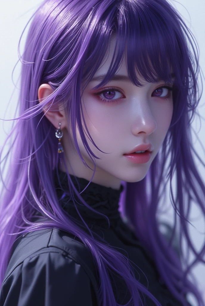 arafed asian woman with long purple hair and a black bra top, purple skin color, ulzzang, purple flowing hair, violet hair, violet long hair, violet color, purple hair, violet skin, hair coloring, smooth purple skin, purple long hair, purple color, pink violet light, flowing purple hair, purple head, purple aethetic
