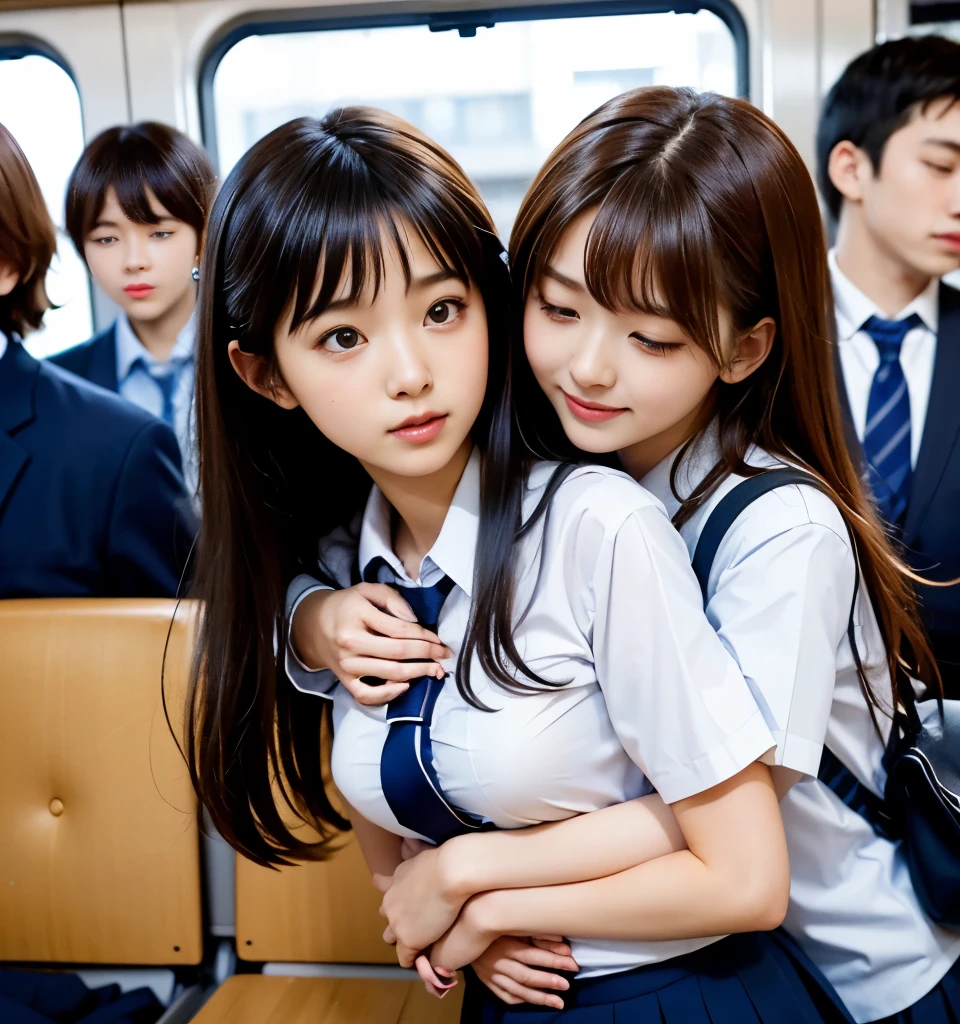 Two cute high school girls、(  high school girl in uniform)、full body photo撮影、(Get on a crowded train、(Crowded car interior))、(Bian、homosexuality)、(hugging:1.4、hugs you from behind:1.4)、 expression of joy 、Ecstasy、full body photo、in High School Uniforms、(Perfect Anatomy、 charming)