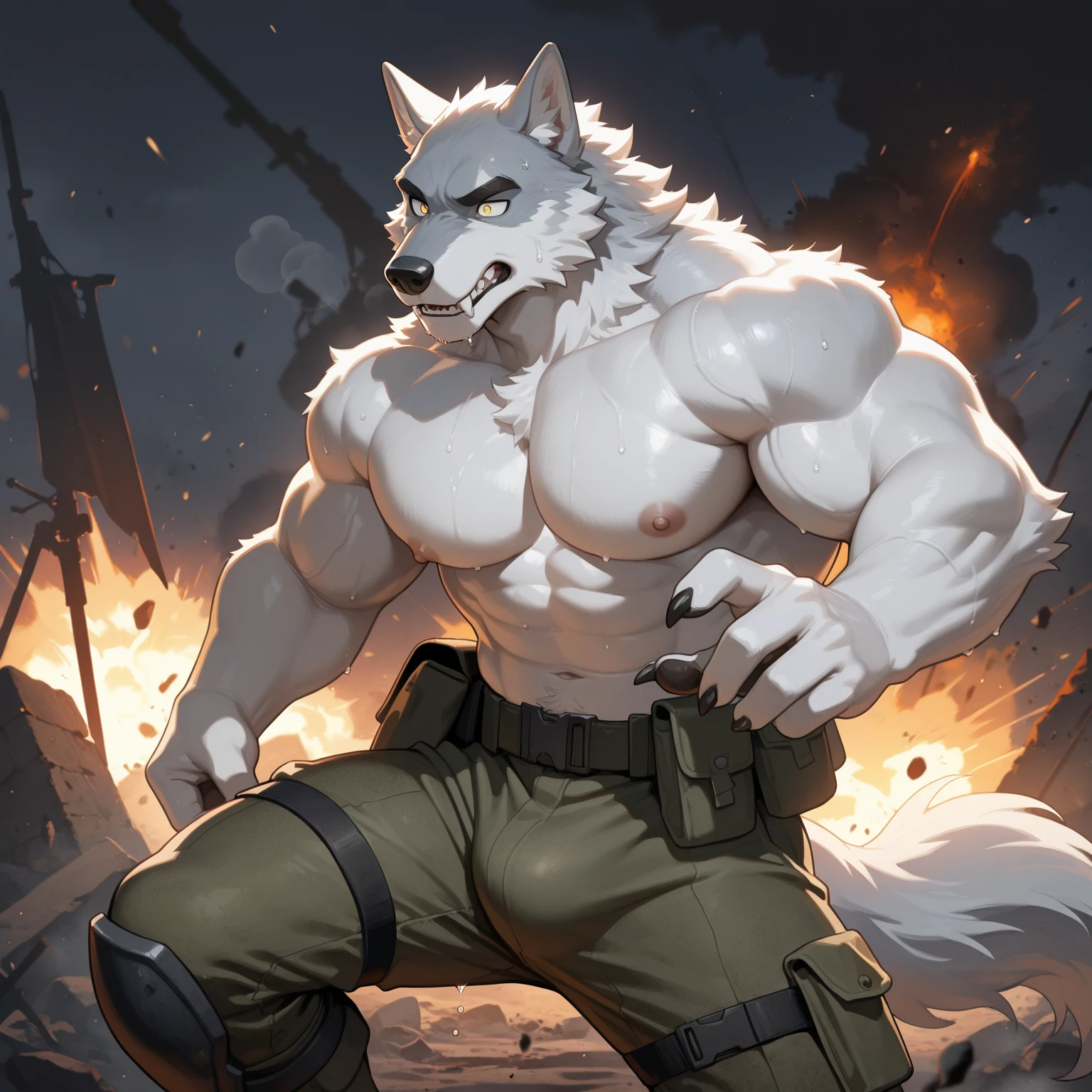 gray wolf、long muzzle、silver mane、Body hair all over the body、abnormally large muscles、very big collar、pubic hair、Navel hair、Orange eyes、Huge crotch bulge、Dark forest background、Big storm situation、A storm is blowing、Pounce Pose、Punching、Composition looking up from below、Completely naked、soaking wet body、angry look、thick tongue、pregnant abdomen、Lower abdomen swollen like a ball