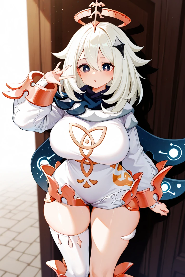 (((masterpiece))), (((Best quality))), illustration, Single character, game character, RPG character, female character, female novice. high torso. Sports girl. Cute. dark blue robe. white raincoat. Long-sleeve trench coat with fine gold-tone details and lines, open hooded raincoat. golden bracer. Huge open cleavage, necklace with large gemstone. tiny breasts. small tits. wide hips. perky ass. Raised hips. wavy short hair. flowing orange hair, YellowGreen eyes, sexy facial expression. slightly pointed ears. laughing smile. orange hair. space background, Flat color background, anime character, 8K, amazing quality