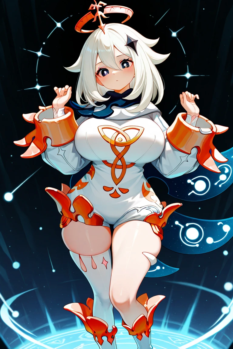 1girl, full body, rabbit ears, bunny ears, light skin, white skin, white bunnysuit, blue trim, bunnysuit, pantyhose, machinery, futuristic, science-fiction, neon trim, tech, large breasts, hourglass figure, blue hair, very short hair, blue eyes, smile, high heels, standing, ((full body))