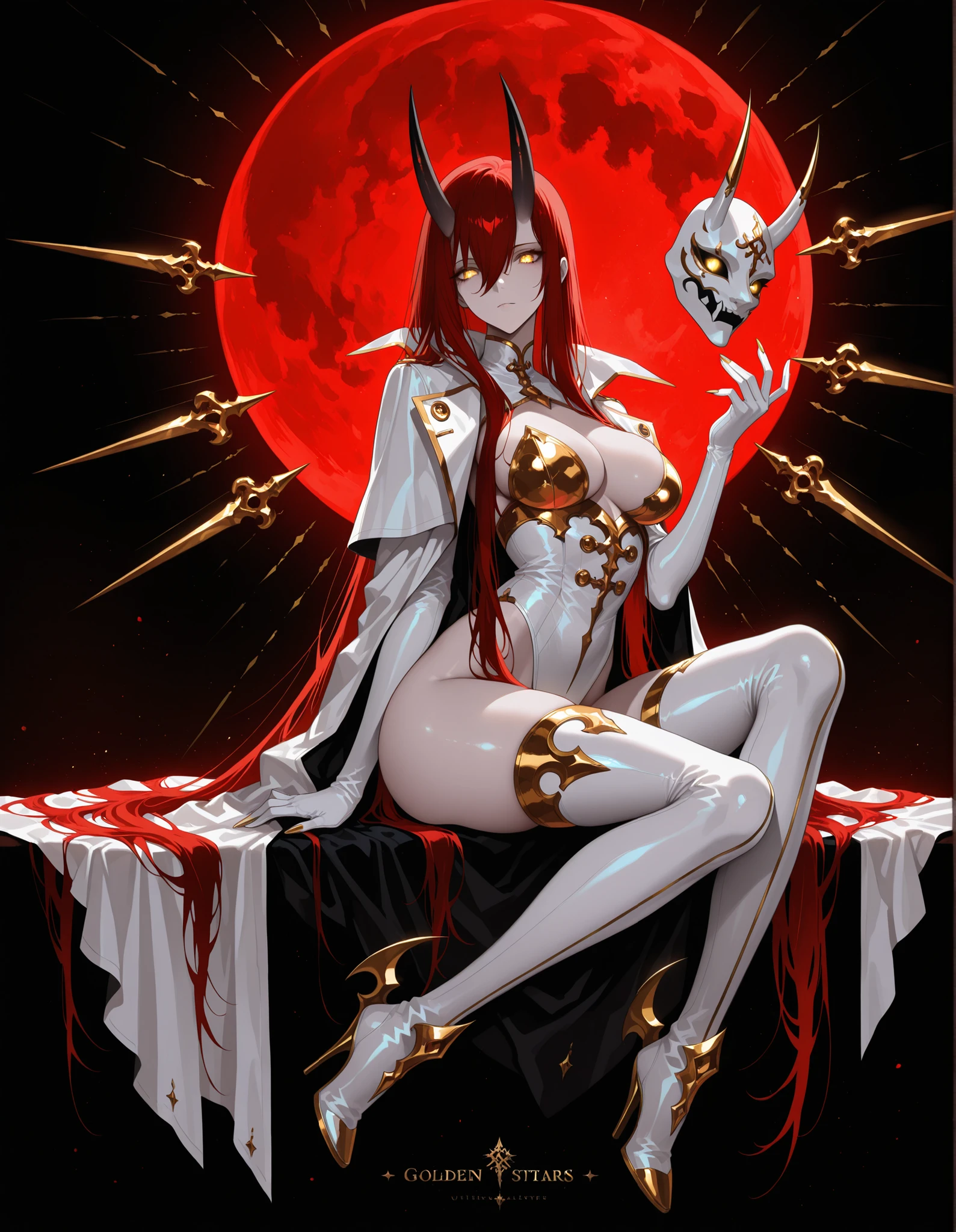 1 woman , golden eyes , very long hair , long sidelocks, red hair, petite , very cute , beautiful ,Straight hair, cool, handsome, hair between eyes, sexy, mediumlarge breast, hair behind ears, glowing eyes, very pale skin, black oni half-faced mask, white lether suit with golden luxury details, white lether gloves with golden details and golden nails, ultra extra-long golden details, white thighhighs with golden strips, black background, darkness:1.1, cleavage, white lether high high heels boots with golden details, massive heels, suit with white cape, big red moon, shine colorful, high resolution, more details, 8k quality, prab_style, solo, beautiful eyes, focus face, Detailed Illustration, Realistic Style, Surrealism, HDR, High Contrast, masterpiece, best quality, photorealistic, ultra realistic details, detailed skin, 8k wallpaper, Dark color, soft lighting, soft lines, beautiful, semi_realistic