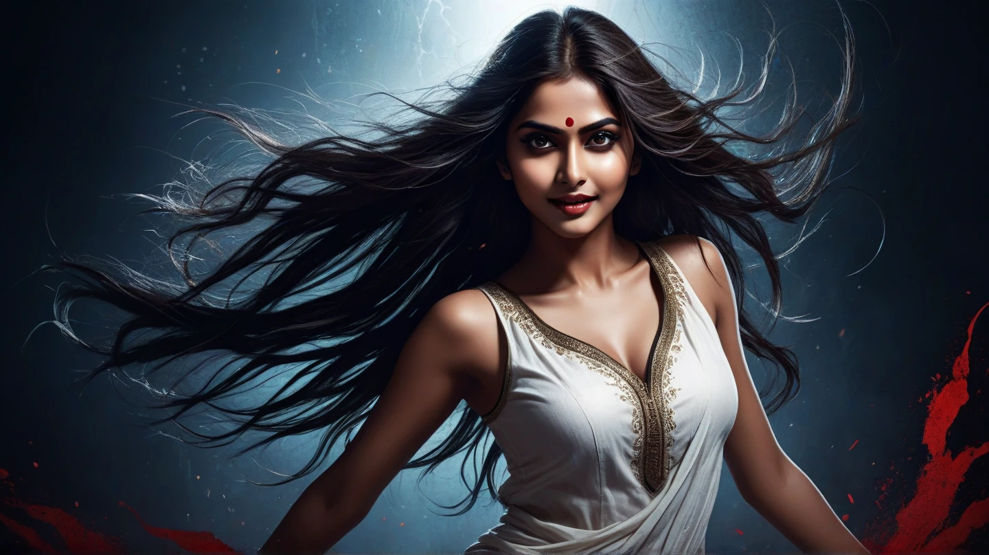 Digital illustration with a dark, eerie style. The layout features a central figure, an indian woman with long, disheveled black hair, towards the viewer., dancing pose , Her skin is pale, and her eyes are glowing white, scary looks, cruel smile on face, giving her a menacing appearance. The woman is dressed in a short dress (sleeveless) , dark atmosphere, scary bloody ambience