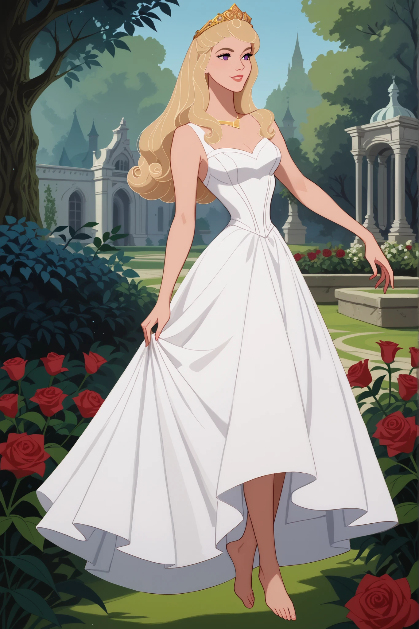 score_9, score_8_up, score_7_up, best quality, masterpiece, 4k resolution, 1girl, solo, Aurora_SB, full body, long hair, blonde hair, violet eyes, upright, elegant posture, white dress, white skirt, medium breasts, bare arms, bare feet, smooth body, clean skin, flying, gardens, royal garden, flowers, roses, garden of eden, daylight, daytime, exterior, outdoors, 