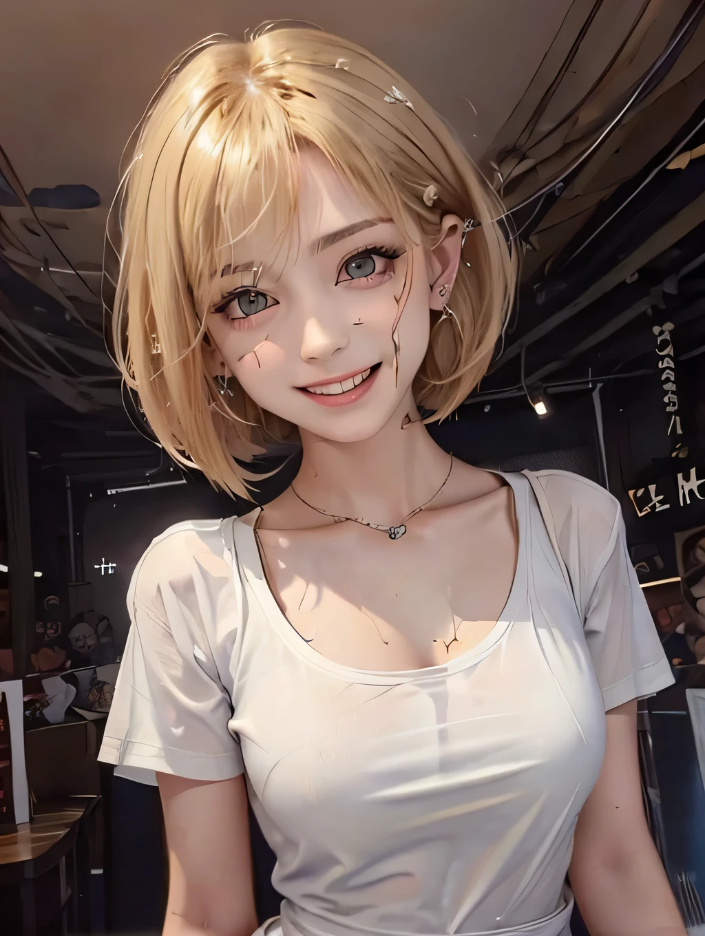{{masterpiece:1.2}}, {{1woman}}, ((pov)), ((portrait)), {{standing}}, ((looking at viewer)), ((in the live music club)), ((UndergroundClub)), {{black lighting}}, 21years old, ((gal)), ((blonde hair, bob cut)), ((big smile)), ((wet hair)), ((white t-shirt)), ((open mouth)), ((ear piercing)), ((in the heat)), Japanese