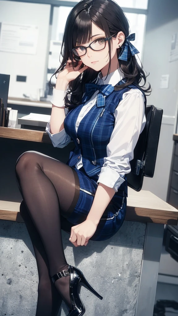 Best Quality, Full Body Portrait, Cinematic Texture Shot, Exquisite Face, Beautiful Face, 20 Year Old Woman, Smiling, Slim Figure, Small Bust, OL Uniform, Office Wear, Black Stockings, Interior Scene, Office, Seated
