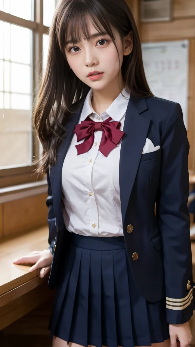 girl with:I'm a pretty girl with Brown hair and blue eyes,makeup,18 years old。wearing jk uniform ,pleated skirt,blazer style,,pink bow,。on the bed,lying down,plaid skirt,spreading legs