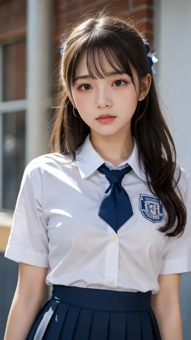 (1 girl), wonderful face and eyes, (big round eyes:1.15), (Highly detailed beautiful face), smile, (school uniform, pleated mini skirt:1.3), (school uniform with open breasts), (highest quality:1.4), (Super detailed), (超realistic, realistic:1.37), Fair skin, 8k wallpaper that integrates high-definition CG, RAW photo, professional photos, cinematic lighting, sitting, bench, spread your legs, (No panties:1.2), (cleft of venus:1.3), twilight, sunset, garden, wood, flowers, valentine&#39;s day, 