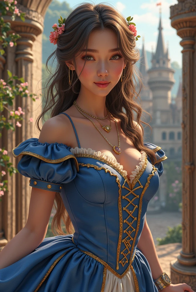 Gemma Arterton as a young Cinderella, dressed in a mediaeval party dress, large breasts, deep cleavage visible, smiling, a ball room in background, upper body