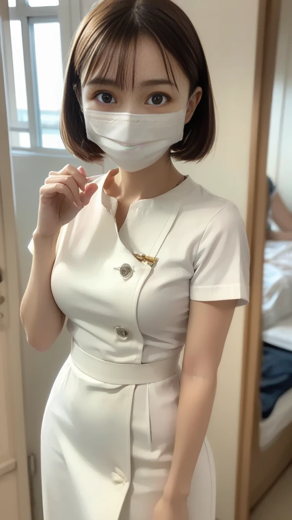 1 girl,(Wearing white nurse clothes:1.2),(RAW photo, highest quality), (realistic, photo-realistic:1.4, masterpiece, very delicate and beautiful, very detailed, 2k wallpaper, very detailed CG unity 8k wallpaper, Super detailed, High resolution), soft light, beautiful detailed girl, very detailed eyes and face, beautifully detailed nose, finely beautiful eyes, nurse, perfect anatomy, black hair, low ponytail style, ((white nurse uniform, mask)), thin, hospital, hospital room, auscultation of the neck,Bob cut: Her clothes are open and her underwear is visible、The chest is visible