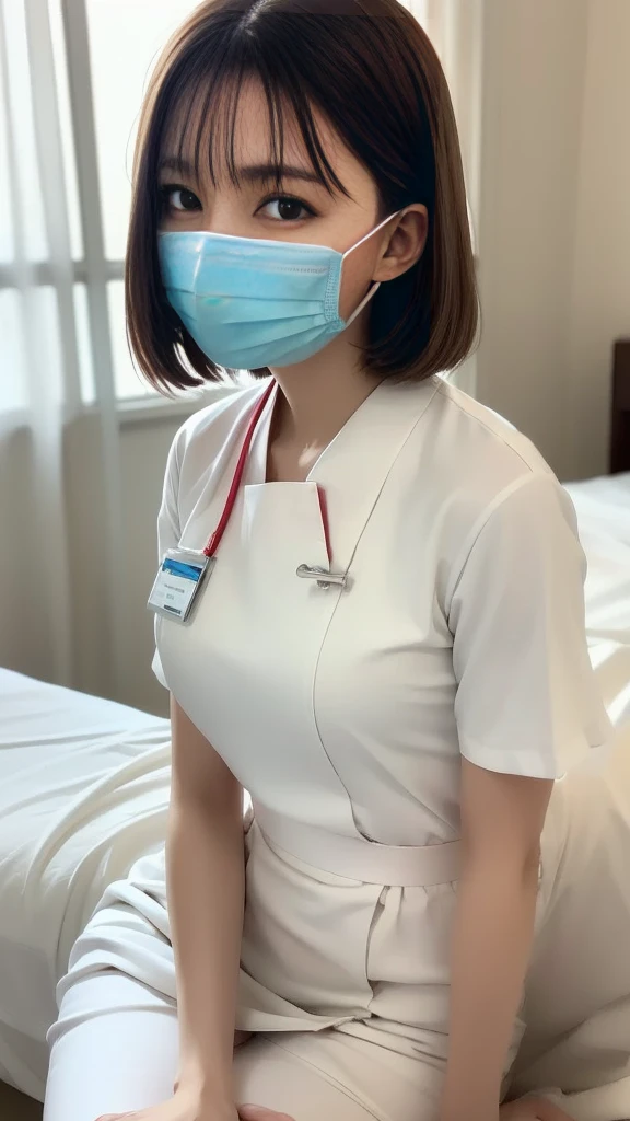 1 girl,(Wearing white nurse clothes:1.2),(RAW Photos, highest quality), (Realistic, photo-Realistic:1.4), masterpiece, Very delicate and beautiful, Very detailed, 2k wallpaper, wonderful, finely, Very detailed CG unity 8k wallpaper, Very detailed, High resolution, Soft Light, Beautiful detailed girl, Very detailed eyes and face, Beautiful and detailed nose, finely beautiful eyes, nurse, Perfect Anatomy, Black Hair, Upstyle, nurse uniform, ((mask)), Long skirt, nurse, White costume, thin, hospital, clear, White Uniform, hospital room, Neck auscultation,Bobcut