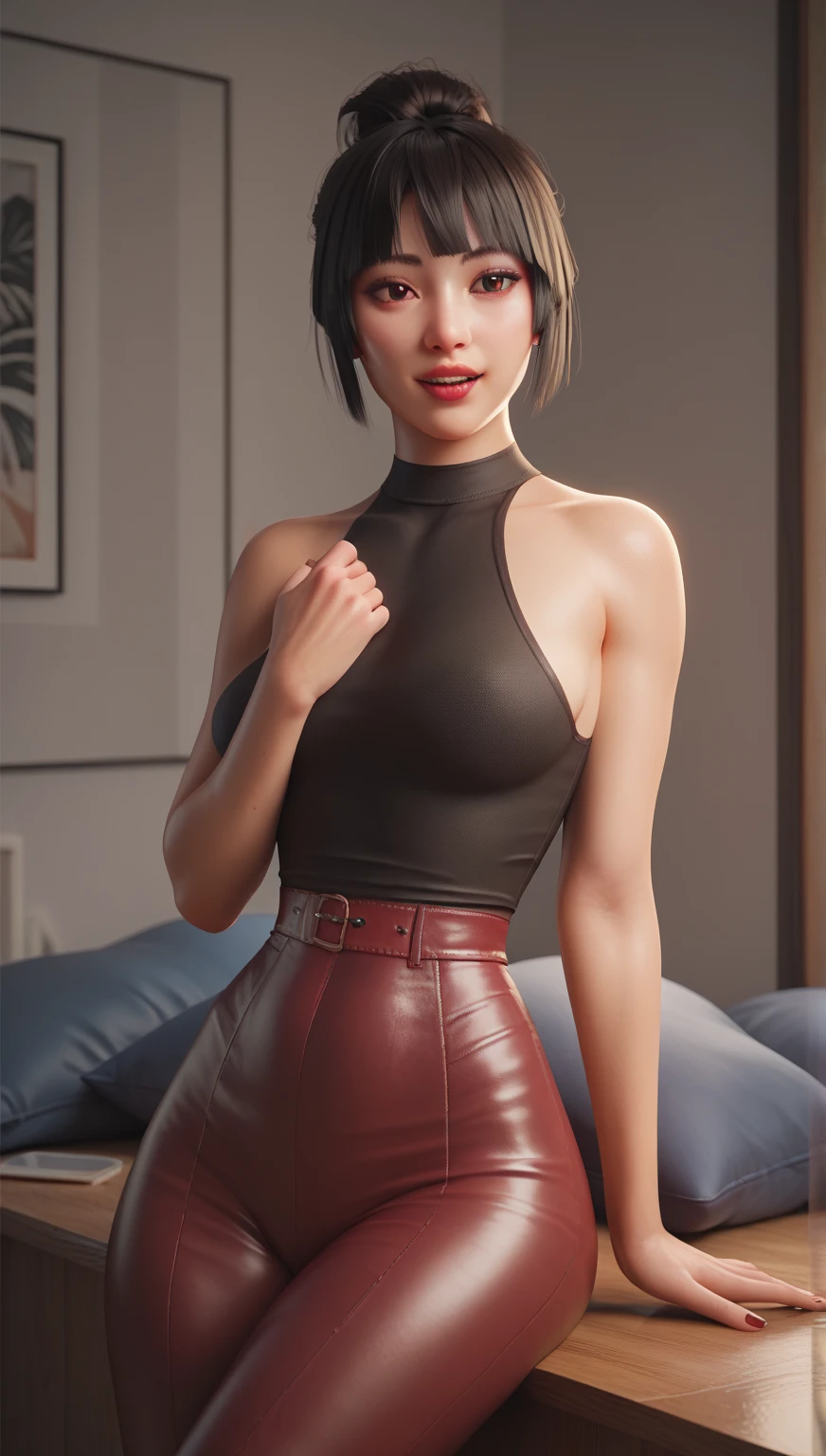 brown hair, hair behind ear, hair over shoulder, short hair, short ponytail, smile, jealous, Realism, pov, best quality, textured skin